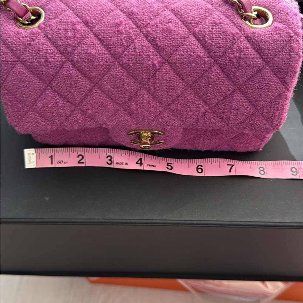 For SIZE REFERENCE CHANEL Fuchsia Quilted Tweed Shoulder Bag
